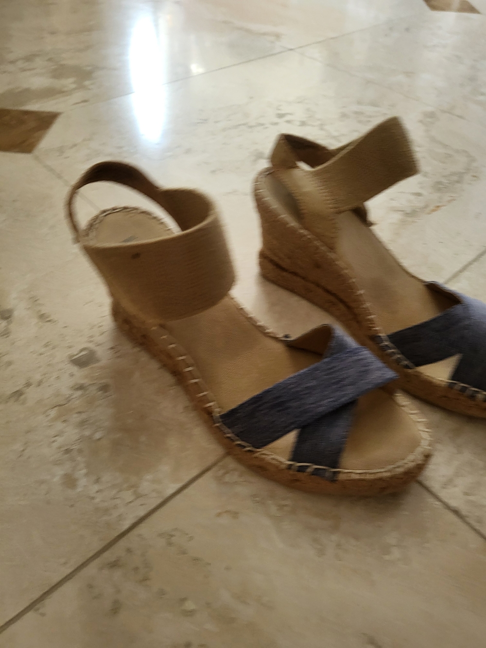 White Mountain Wedge Espadrille Sandals in Tan and Navy